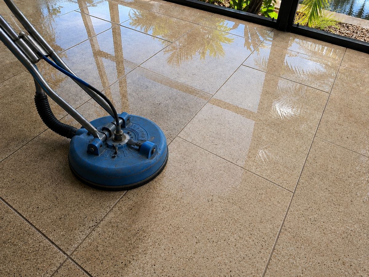 Technician deep cleaning a tile floor with rotary equipment