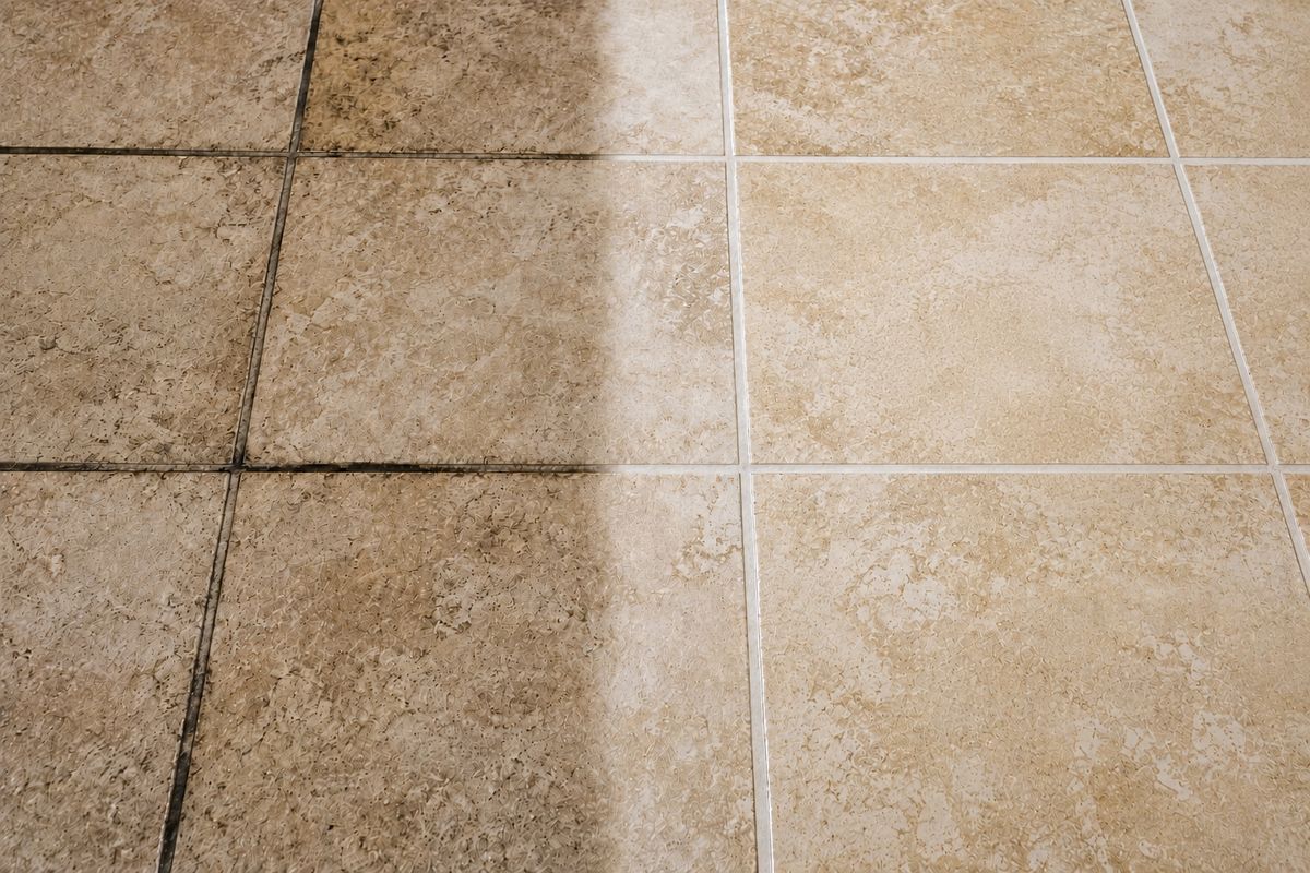 Close-up of grout line before and after restoration
