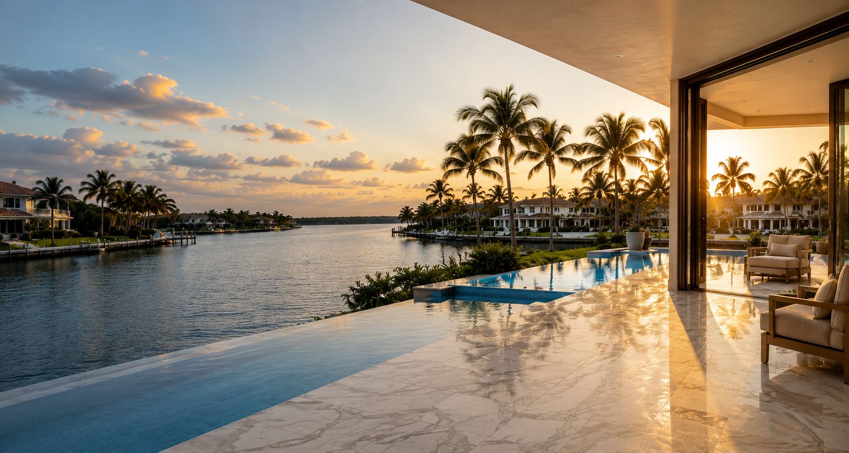 Polished marble lanai overlooking a Southwest Florida canal at sunset