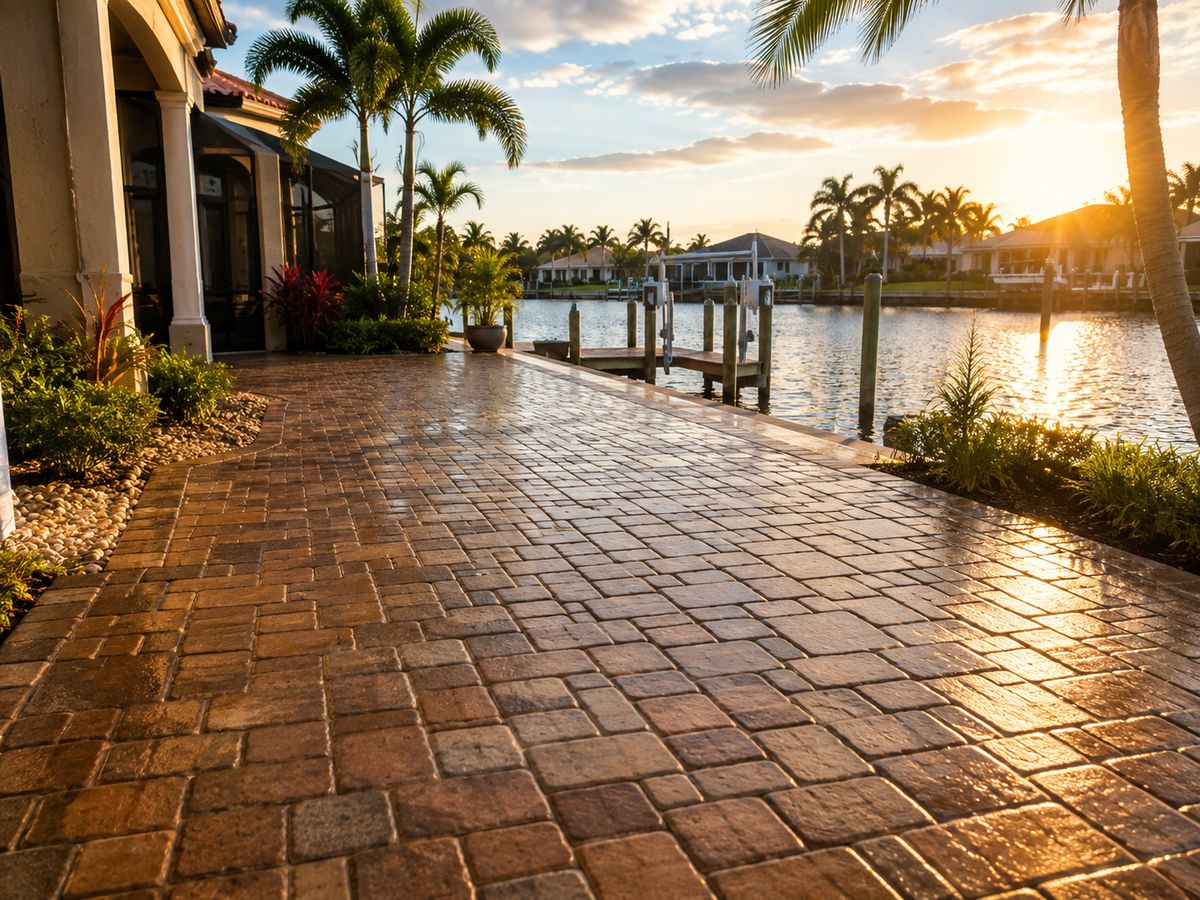 Sealed paver walkway beside a Florida canal at sunset