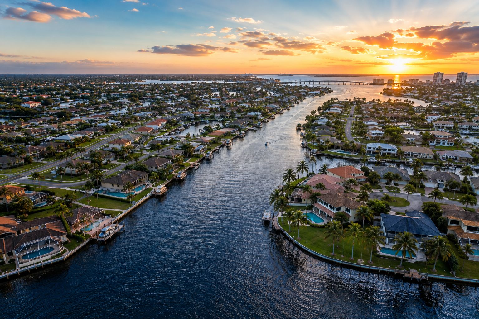 Aerial view of Southwest Florida waterfront homes